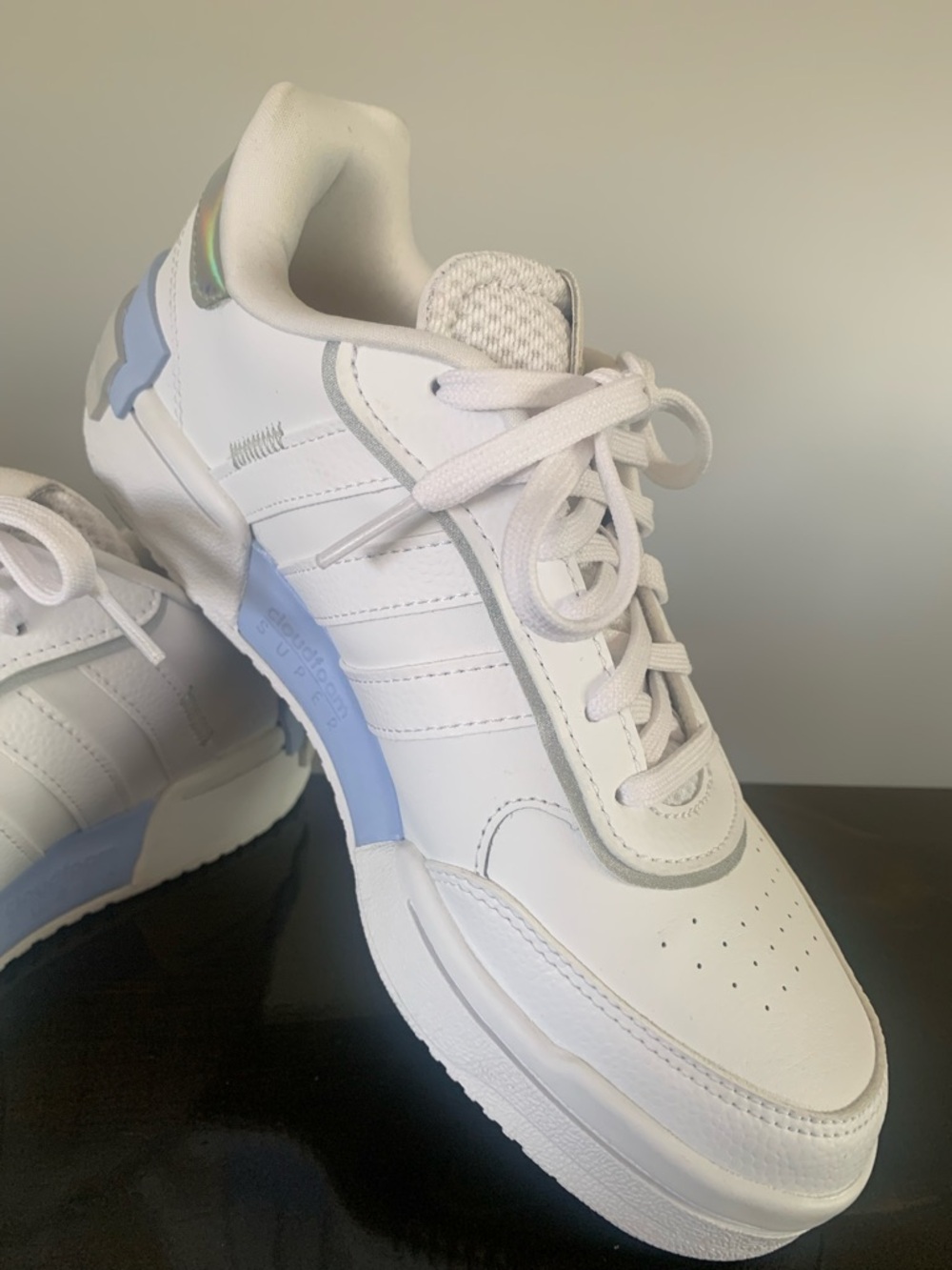 adidas Women's Postmove SE White Sneakers with blue and Iridescent Heel Accents - Picture 10 of 14
